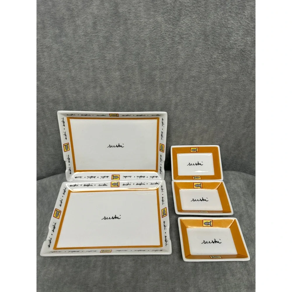 VTG‎ Joie De Vivre Sushi Serving Set 5pc White Yellow Fish Pattern Plates